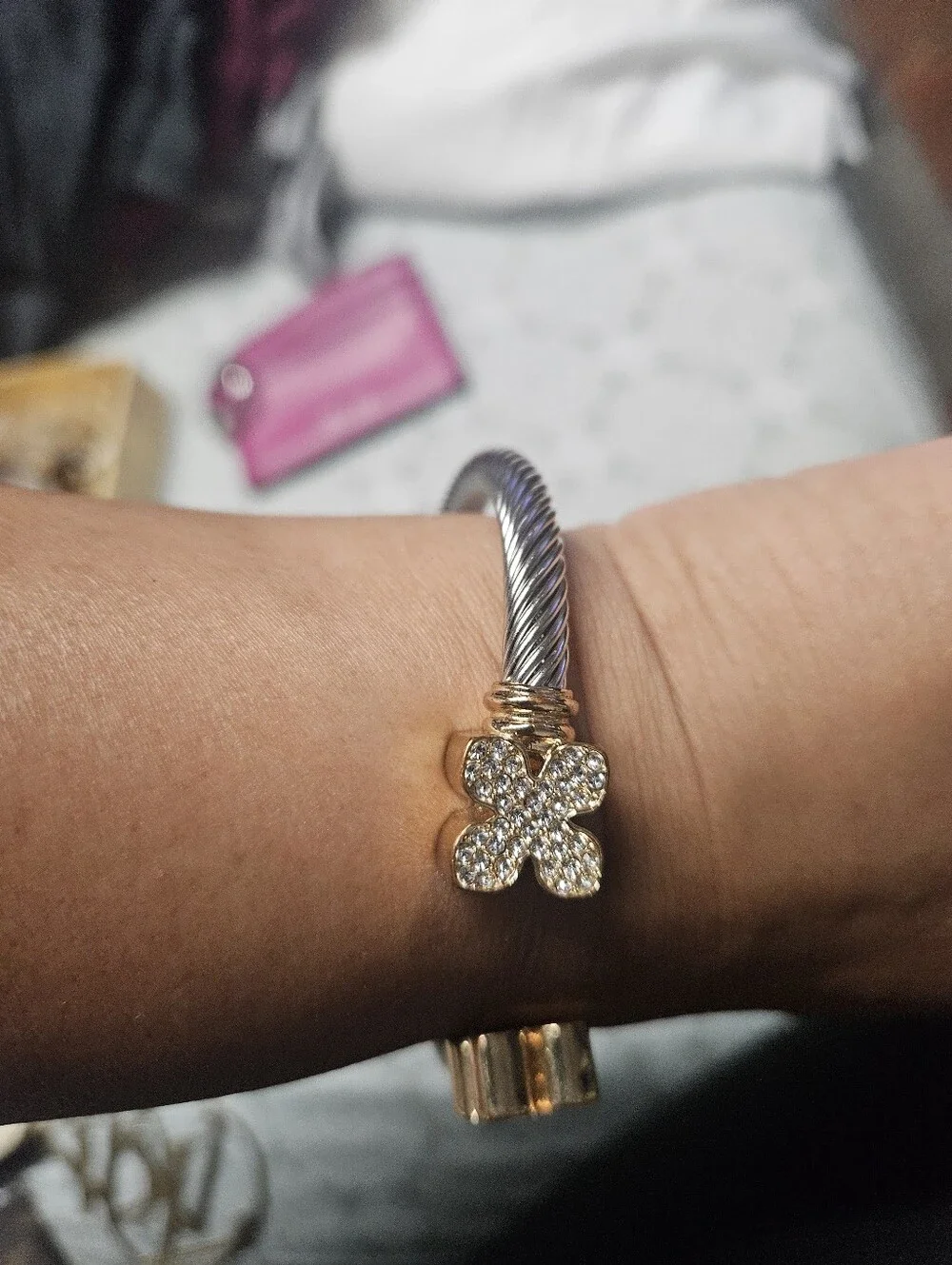 Elegant Rose Gold and Silver Crystal Clover Cable Bracelet